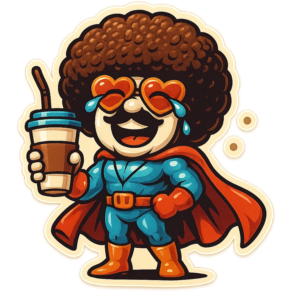 coffee superhero, laughing with tears in eyes emoji
