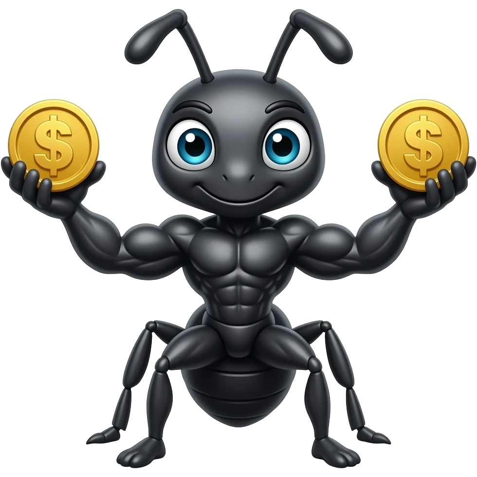 A muscular ant holding gold coins under its arms emoji
