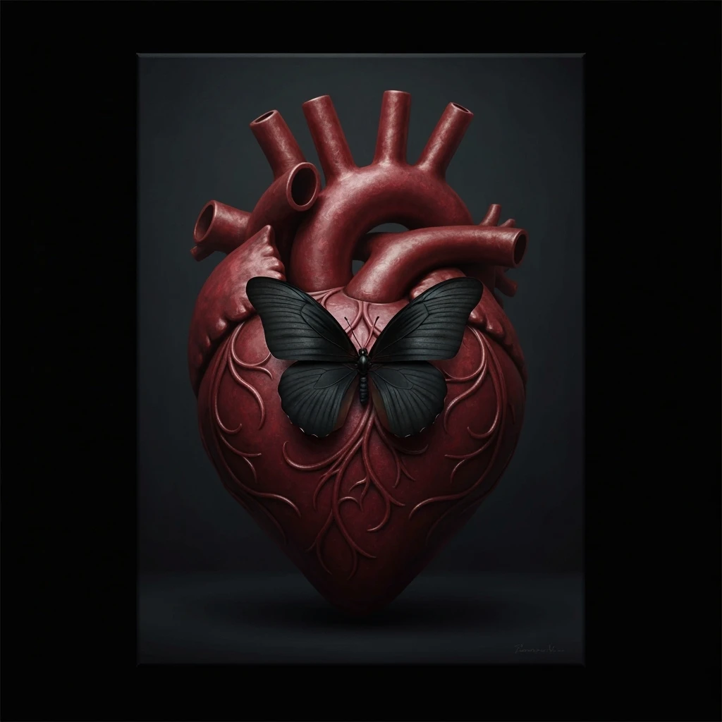 realistic gothic heart with a black butterfly emoji