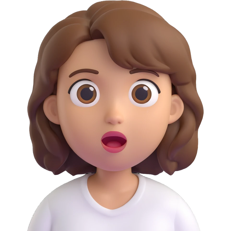 3D emoji style character with short tousled brown hair, surprised expression, light skin, white shirt emoji