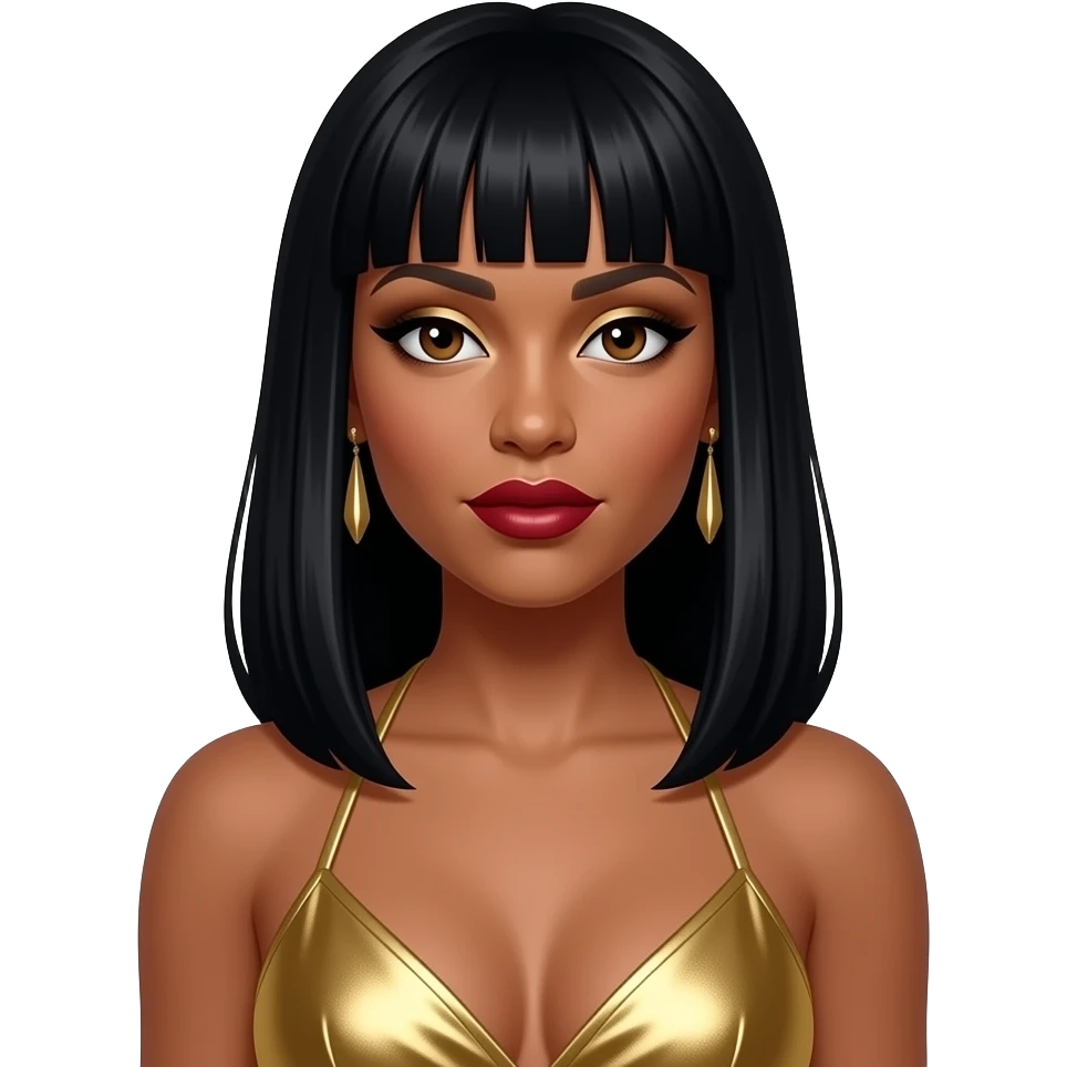 LeToya Luckett from Destiny's Child with dark brown eyes, long black 90s bang hair, gold eyeshadow, dark red lipstick, gold metallic halter dress, earrings emoji