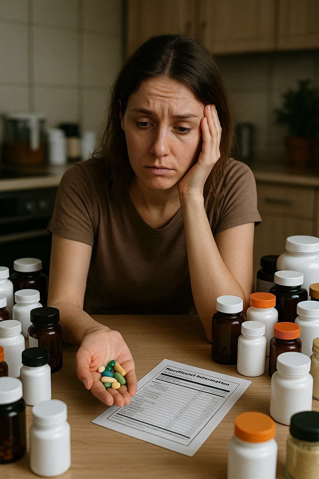 a woman in her 30s sits at her kitchen table, surrounded by dozens of supplement bottles, powders, and pills. She looks anxious and fatigued, with her head resting in one hand while the other holds a handful of colorful capsules. On the table, a nutrition chart is ignored, and her skin appears slightly dull or stressed. The mood is cautionary and educational. in italiano emoji
