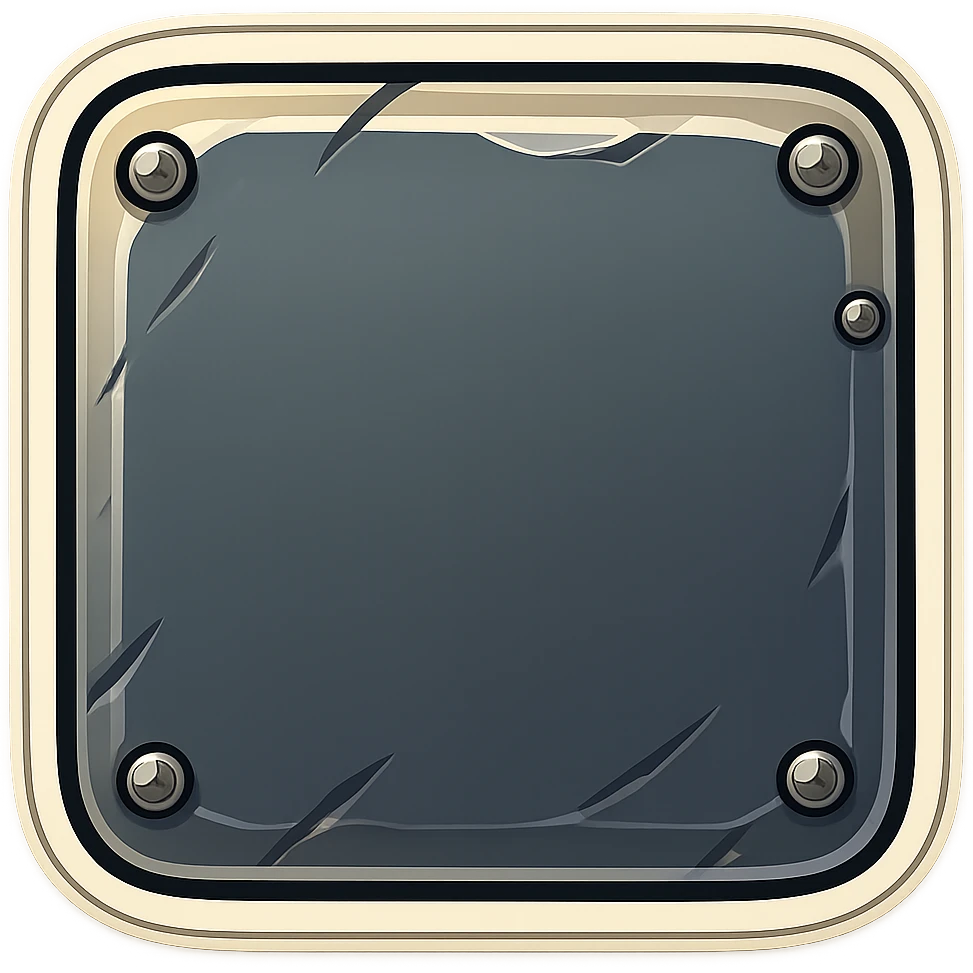Add metallic rivets to all outside side edges of the metal slab, with the large face facing directly towards the viewer, in a retro sticker style. Keep the background transparent. emoji