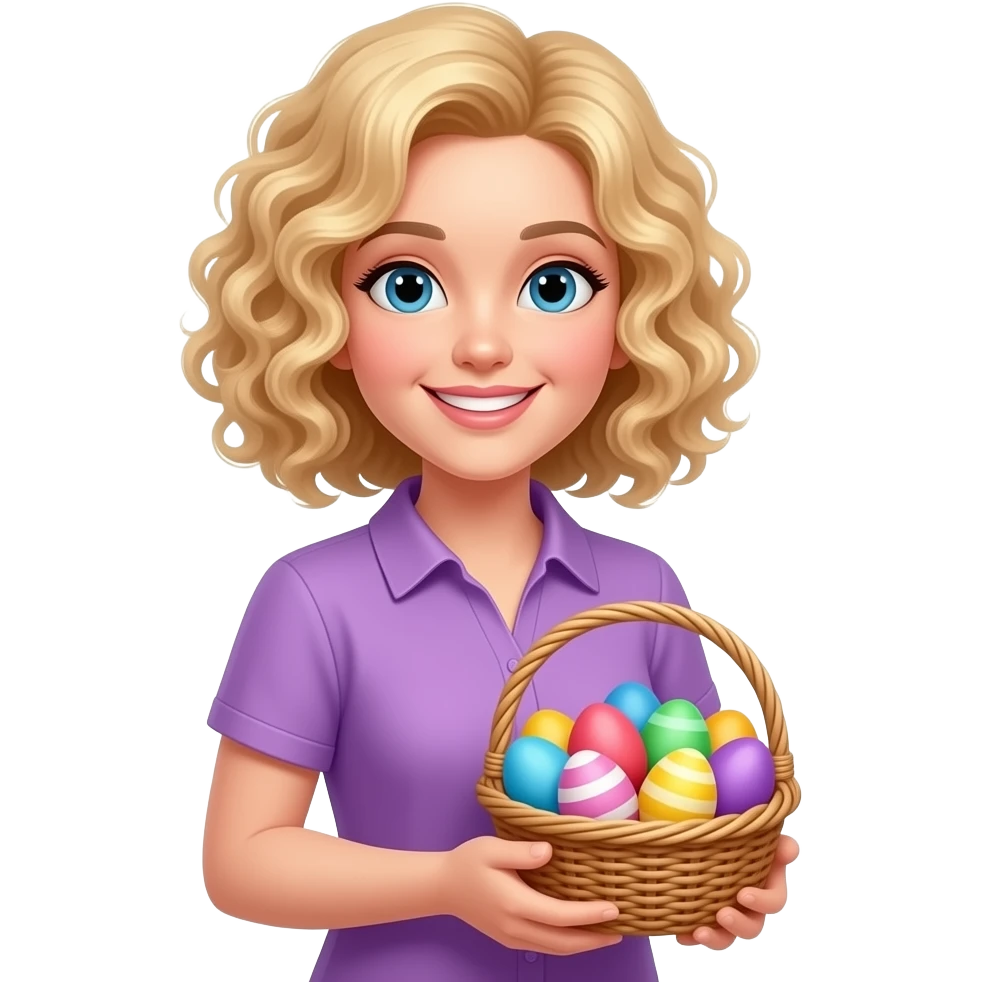 blonde tight curly hair in a short bob with happy Easter and Easter eggs in a purple short sleeve blouse emoji