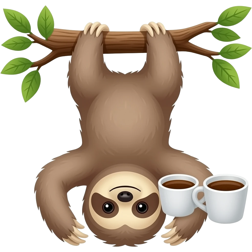 sloth drink coffee on the tree upside down hanging from a tree emoji