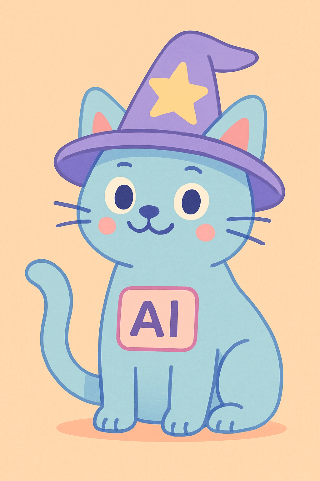 soft pastel illustration of AI helper cat with a magic hat on its head emoji