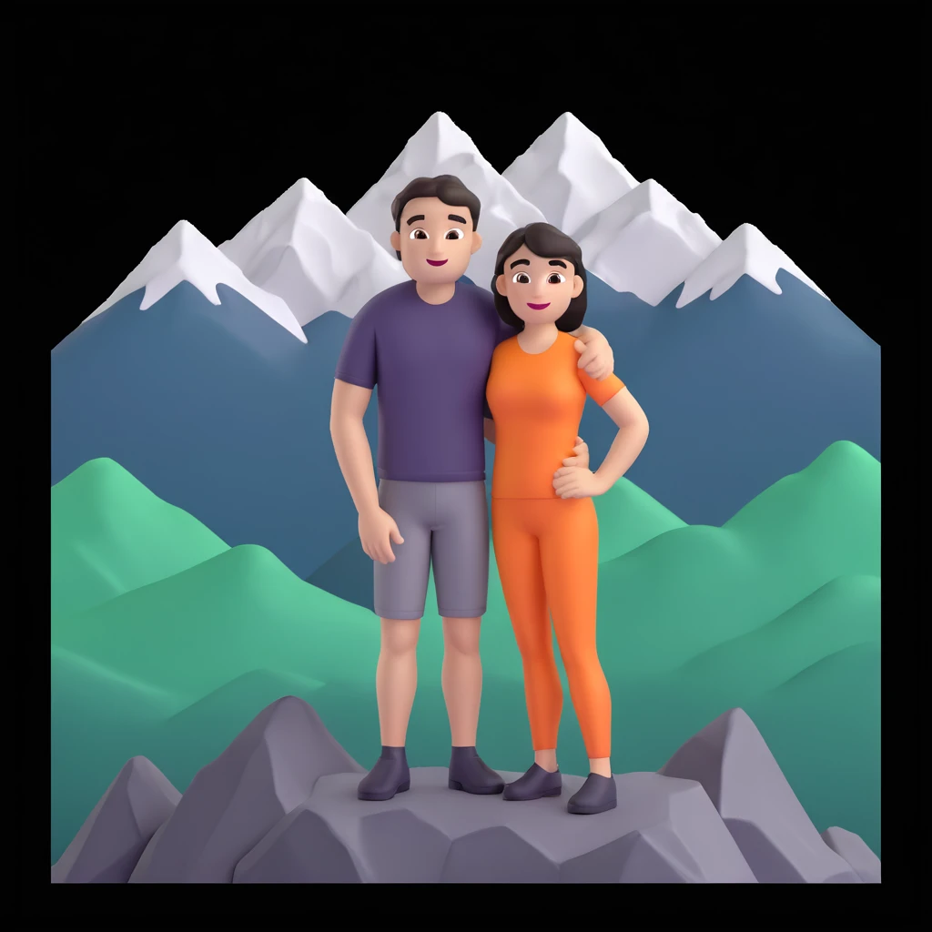 back packer couple posing, mountains in background,   close up pose emoji
