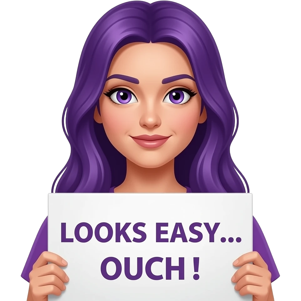 sexy girl with long purple hair and purple eyes holding a LOOKS EASY... OUCH! sign emoji