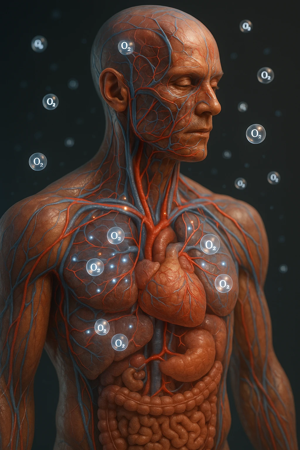 OSSIGENO FLUTTUA IN UN CORPO UMANO ANATOMICO, IPERREALISTICO 4K emoji