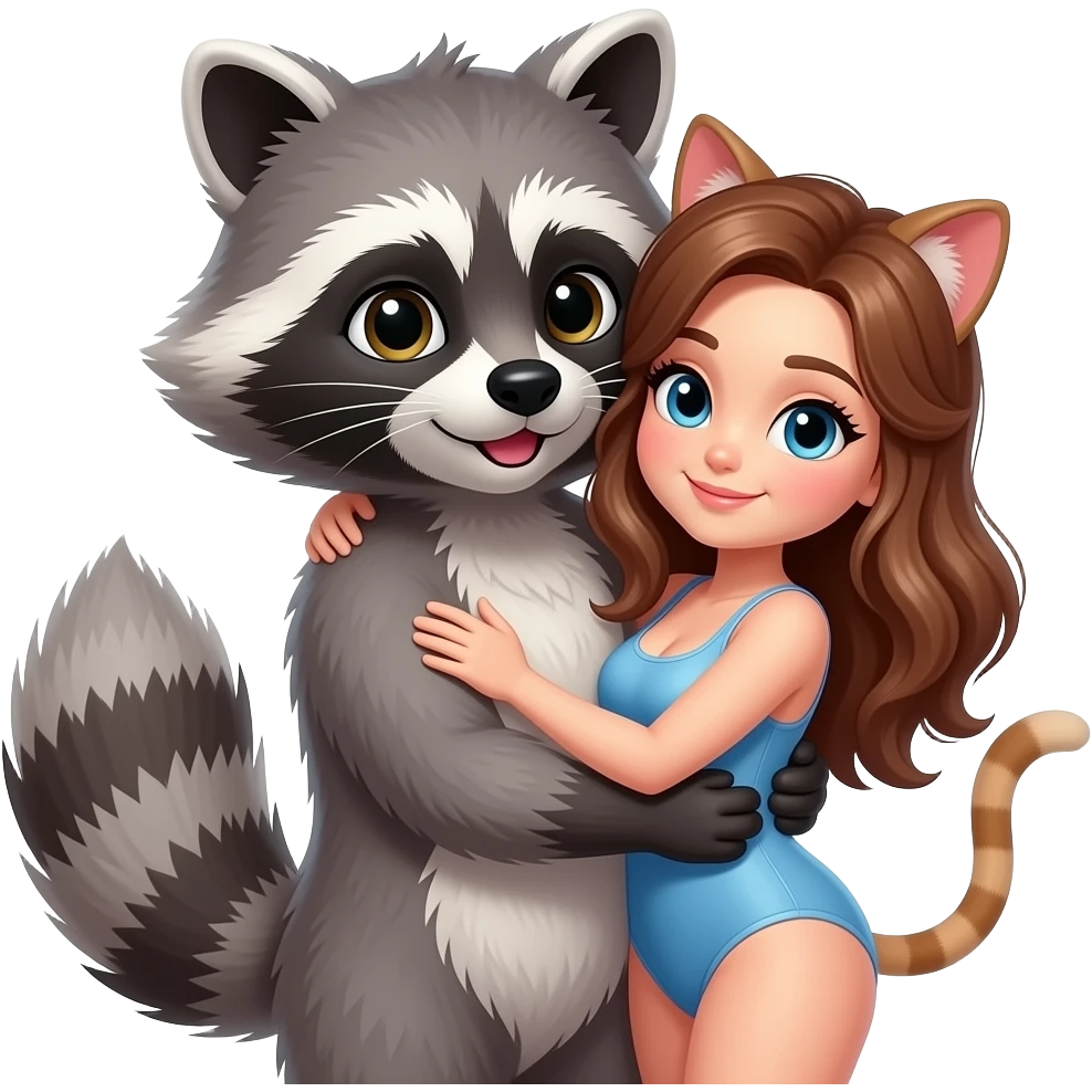 hot raccoon style human guy is hugging cute, sexy cat girl emoji