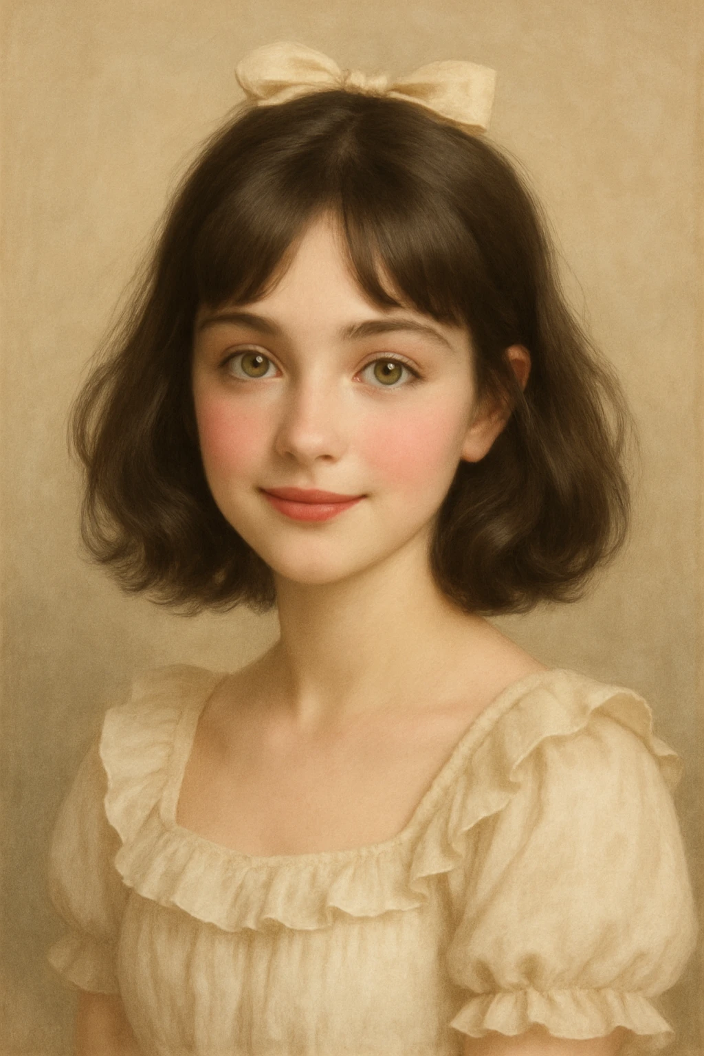 coquette girl with midi dark brown slightly wavy hair, bright skin, greenish hazel eyes, small cute lips, with a gentle smile and rosy cheeks emoji