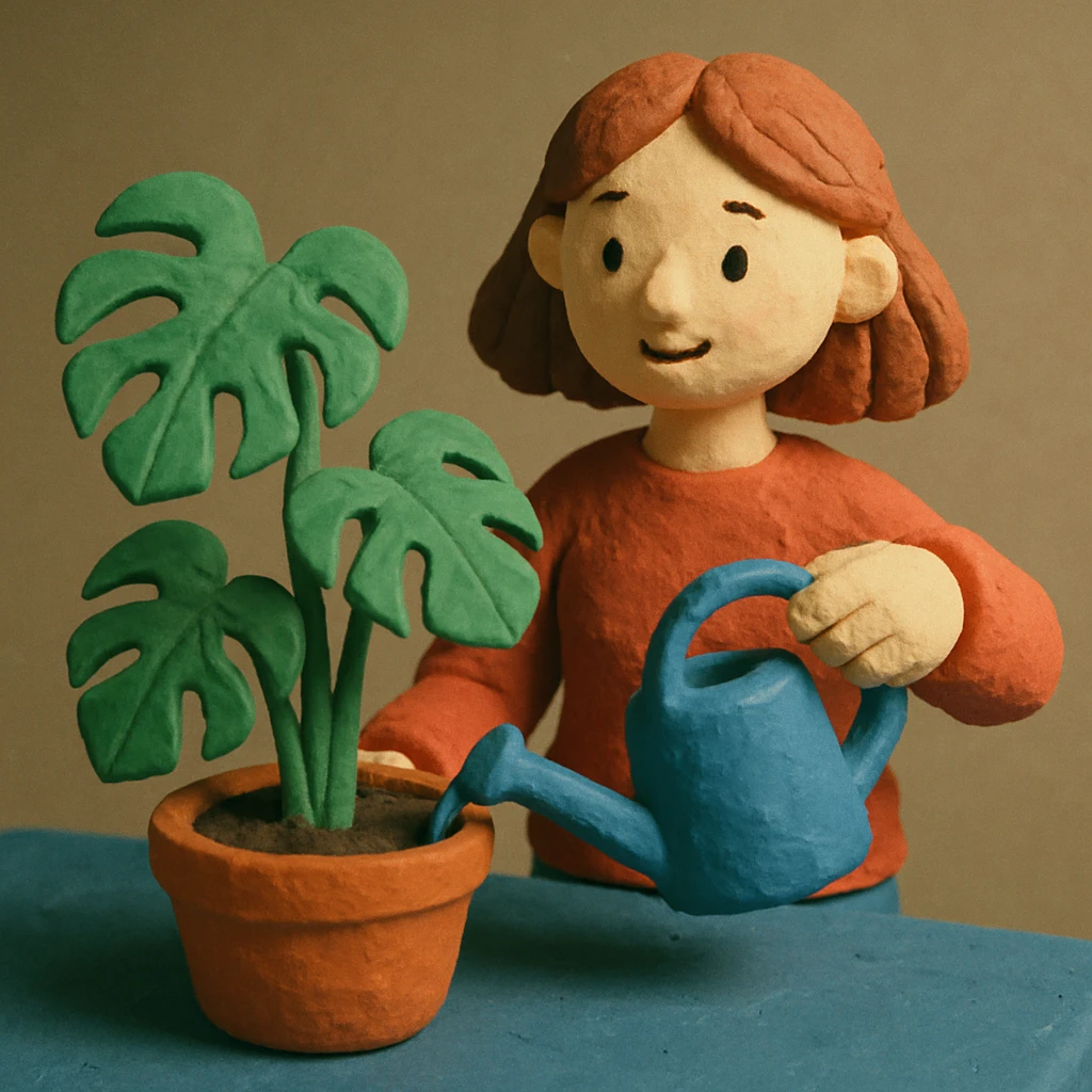 woman watering her monstera plant emoji