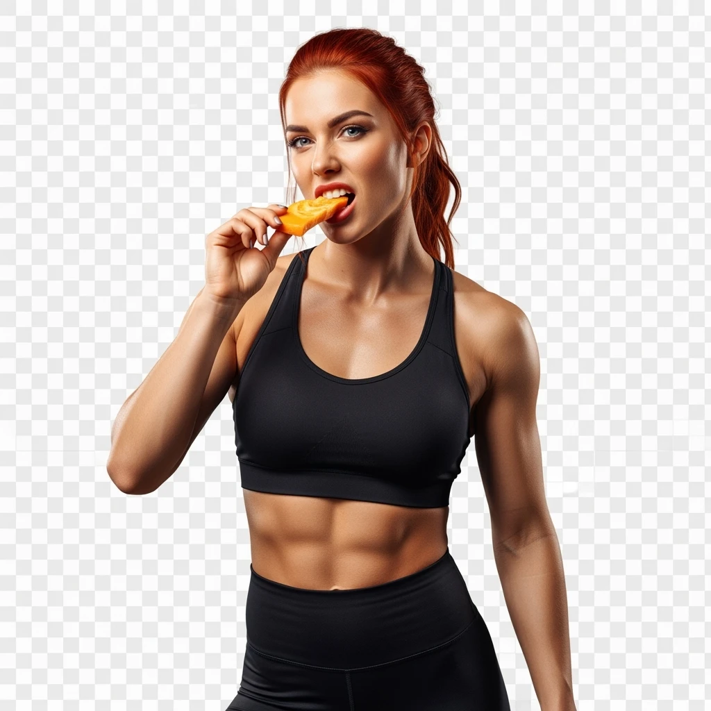 DONNA FITNESS CHE MASTICA CIBO, IPERREALISTICA 4K, SENZA SFONDO emoji