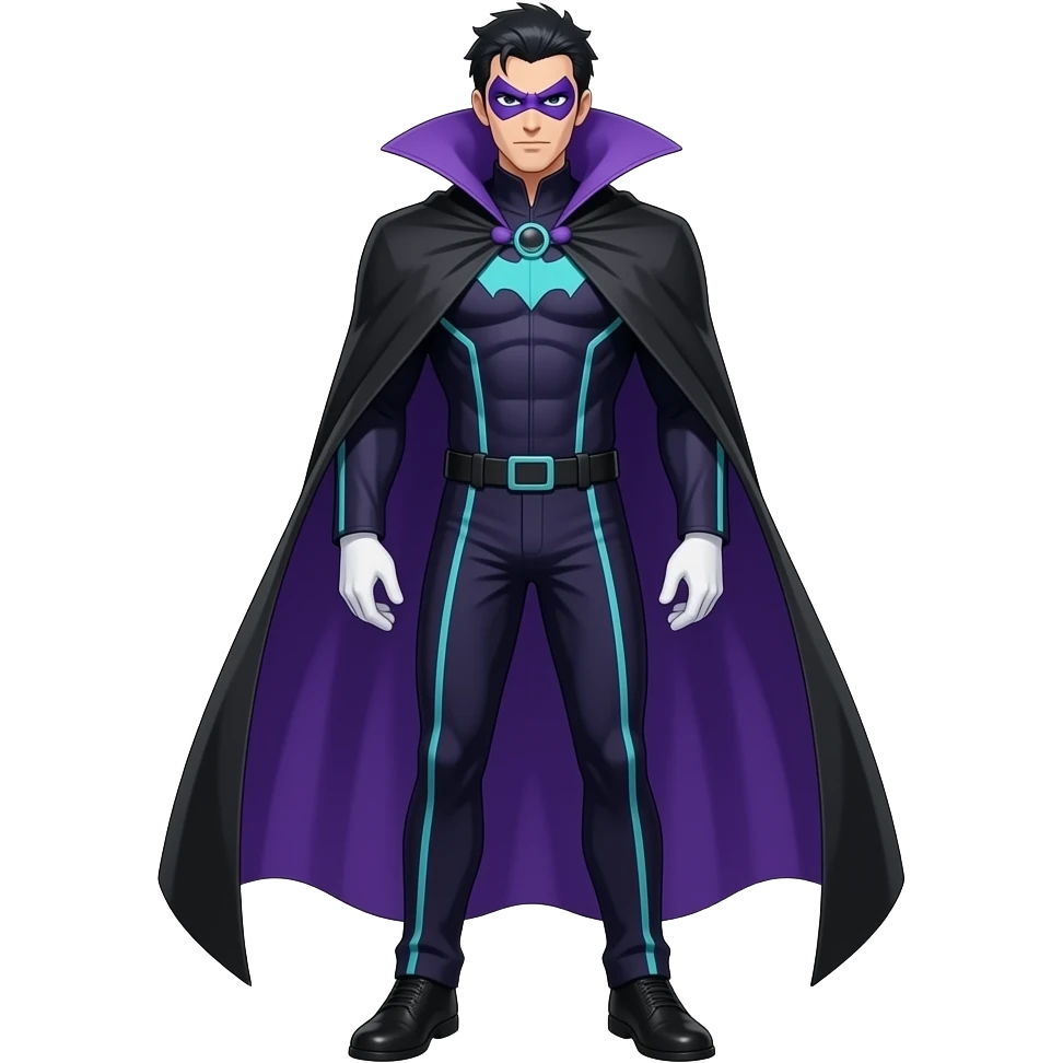 Anime men supervillain suite dark purple and cyan lines long black cape letters D purple masks full body emoji