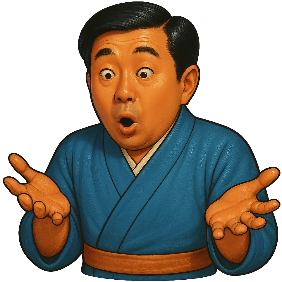 The same Japanese man in traditional kimono looks at the viewer with a surprised look, and his hands are empty emoji