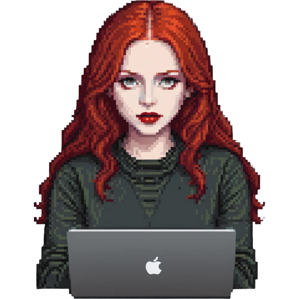 white-skinned red-haired woman with middle-parted red hair, red lipstick, using a MacBook emoji