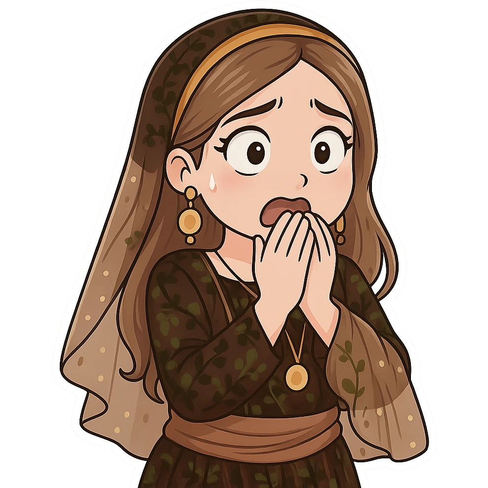 Kurdish cartoon sticker of the same woman in the new dress, scared or startled with wide eyes, hands up or covering mouth, no text, transparent background, chibi stickers style. emoji