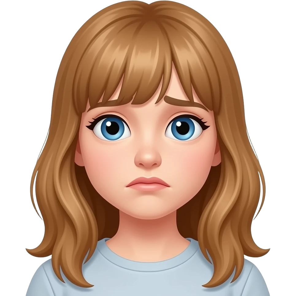 a young woman with long light brown hair and fringe and blue eyes  is dissapointed emoji