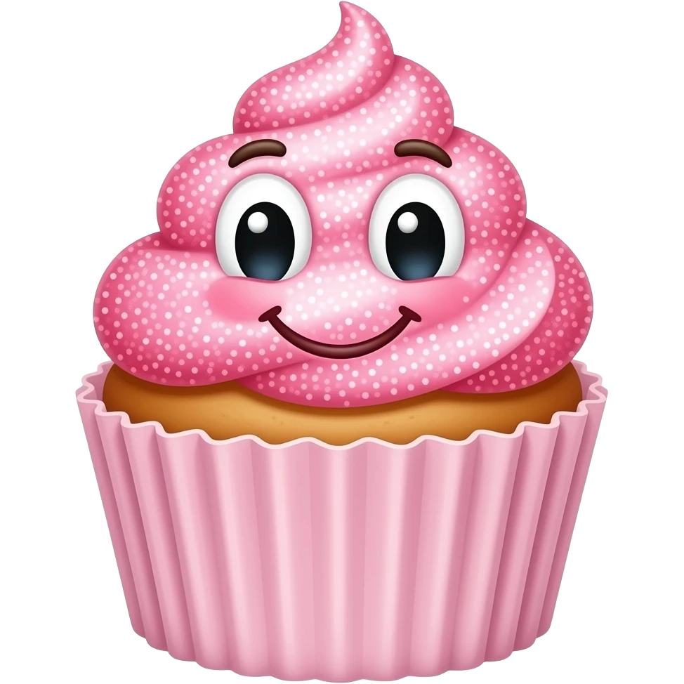 Um cupcake rosa com muito brilho, feliz e sorridente, com um rosto... emoji