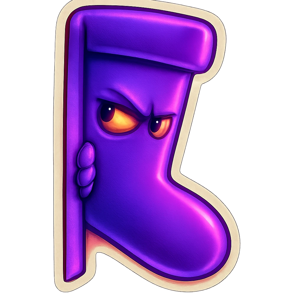 A neon-purple sock with a lurking face, peeking from behind a corner, representing lurking or sneaking. emoji