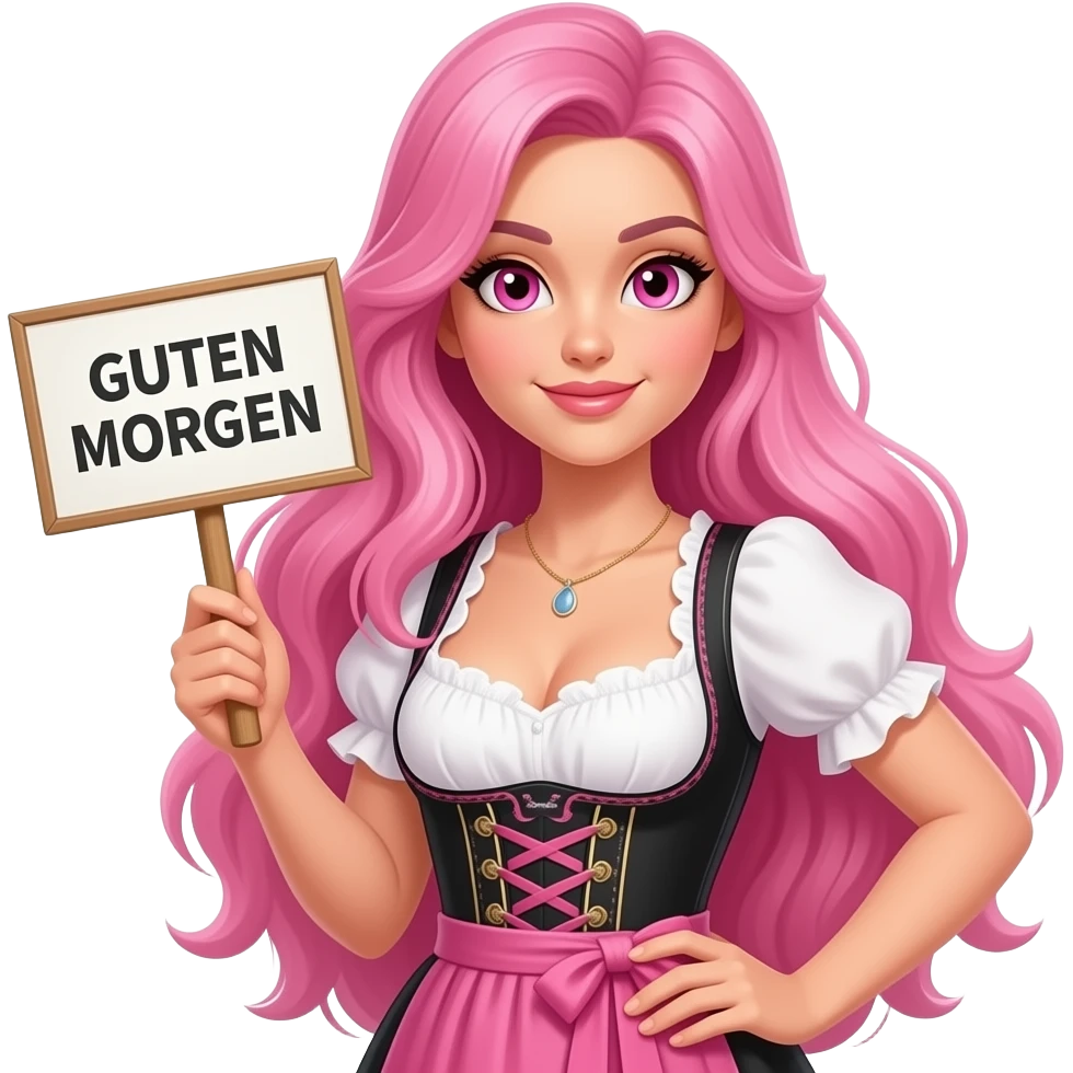 sexy girl with long pink hair and pink eyes wearing a dirndl holding a GUTEN MORGEN sign emoji