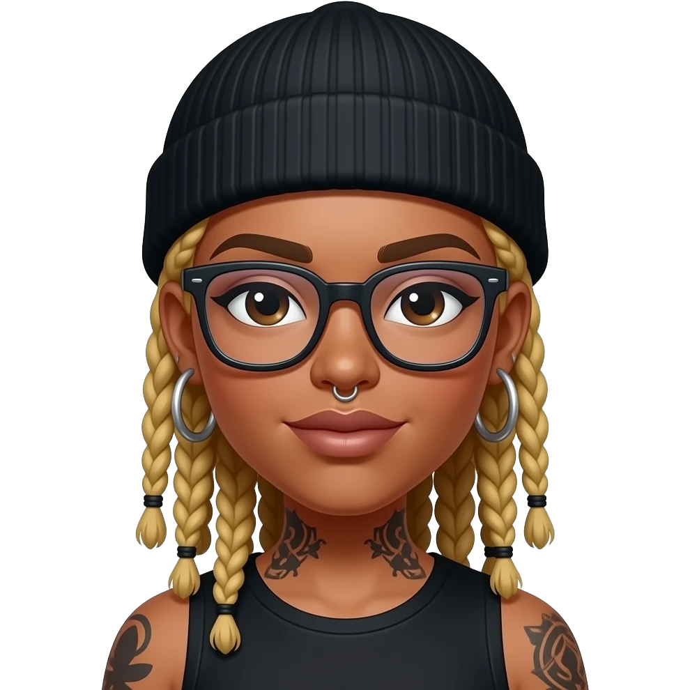 Black girl with oval face,blonde locs, hoop earrings, nose piercing, tattoos and black fitted hat and glasses emoji