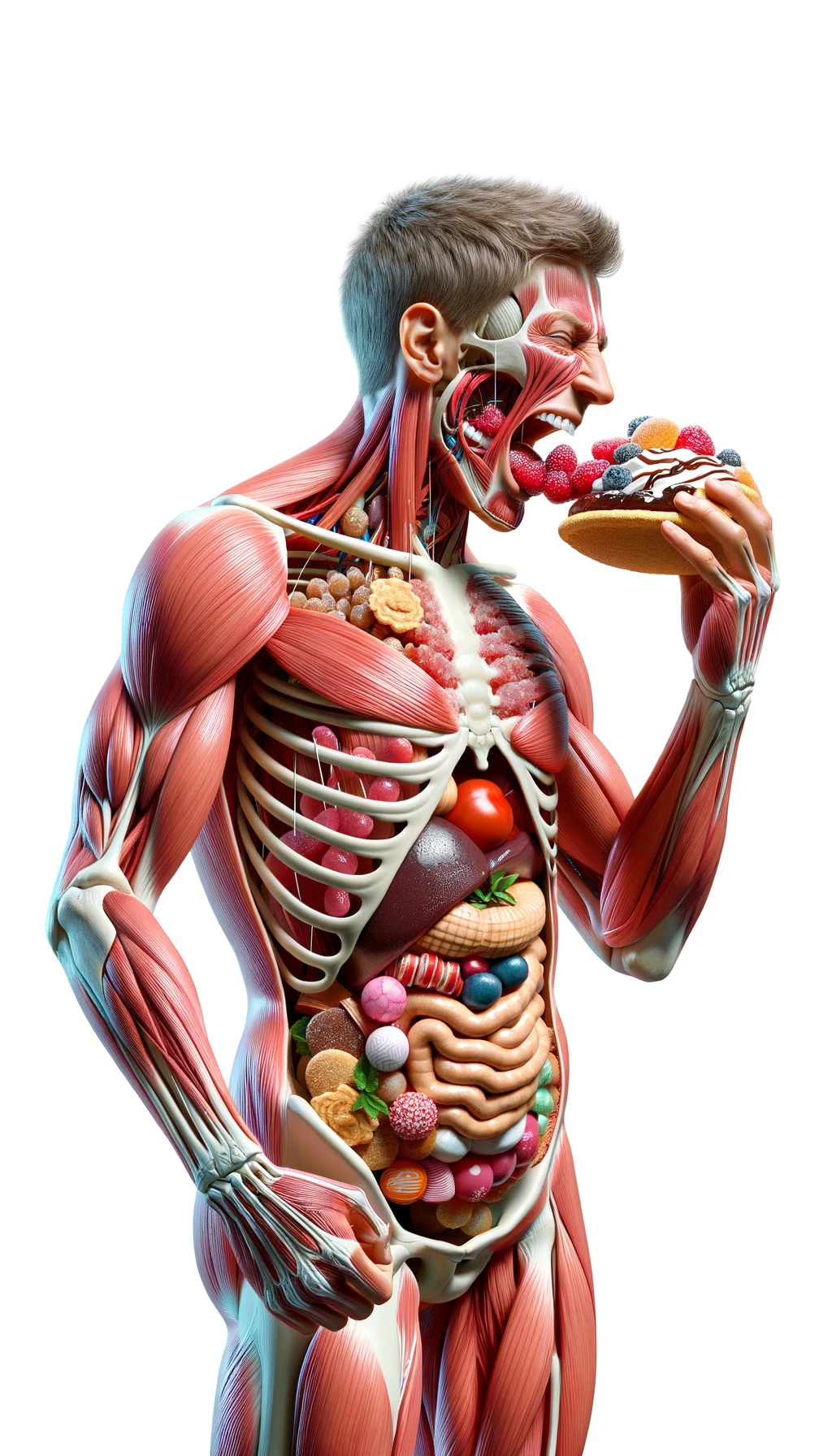 corpo umano anatomico in piedi a figura intera che si abbuffa di dolci e zuccheri, iperrealistico 4k, isolato su sfondo bianco emoji