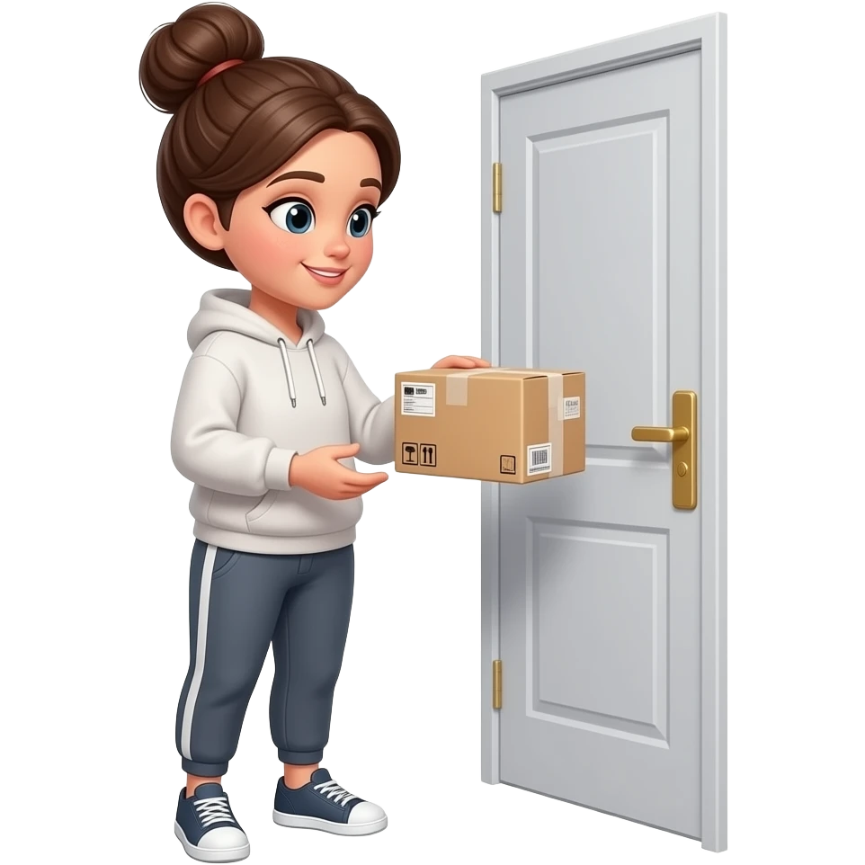 beautiful woman in a sweatshirt, sweat pants and a bun opening a door to pick up her package emoji