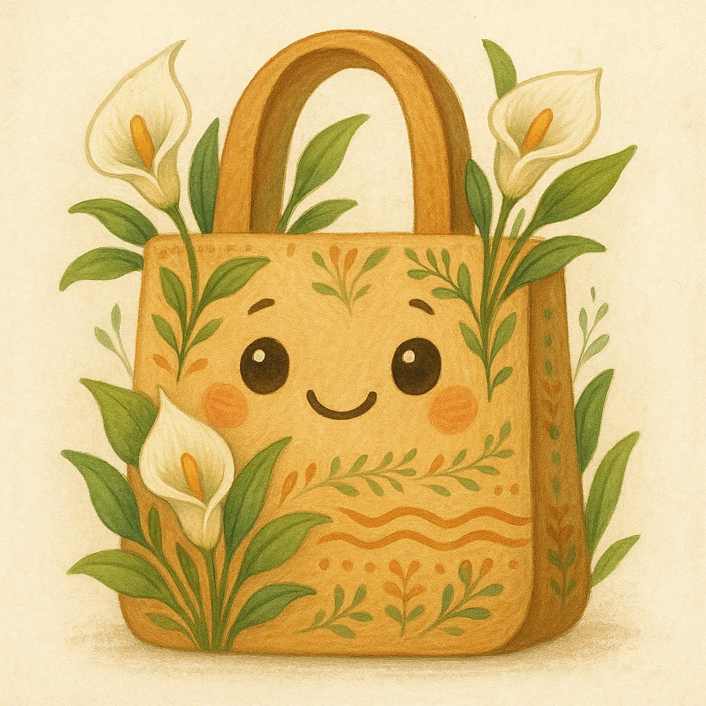 mascota para proyecto productivo bolso artesanal decorado con lirios de agua, ojos grandes y sonrisa, estilo amigable y representativo de emprendimiento artesanal emoji