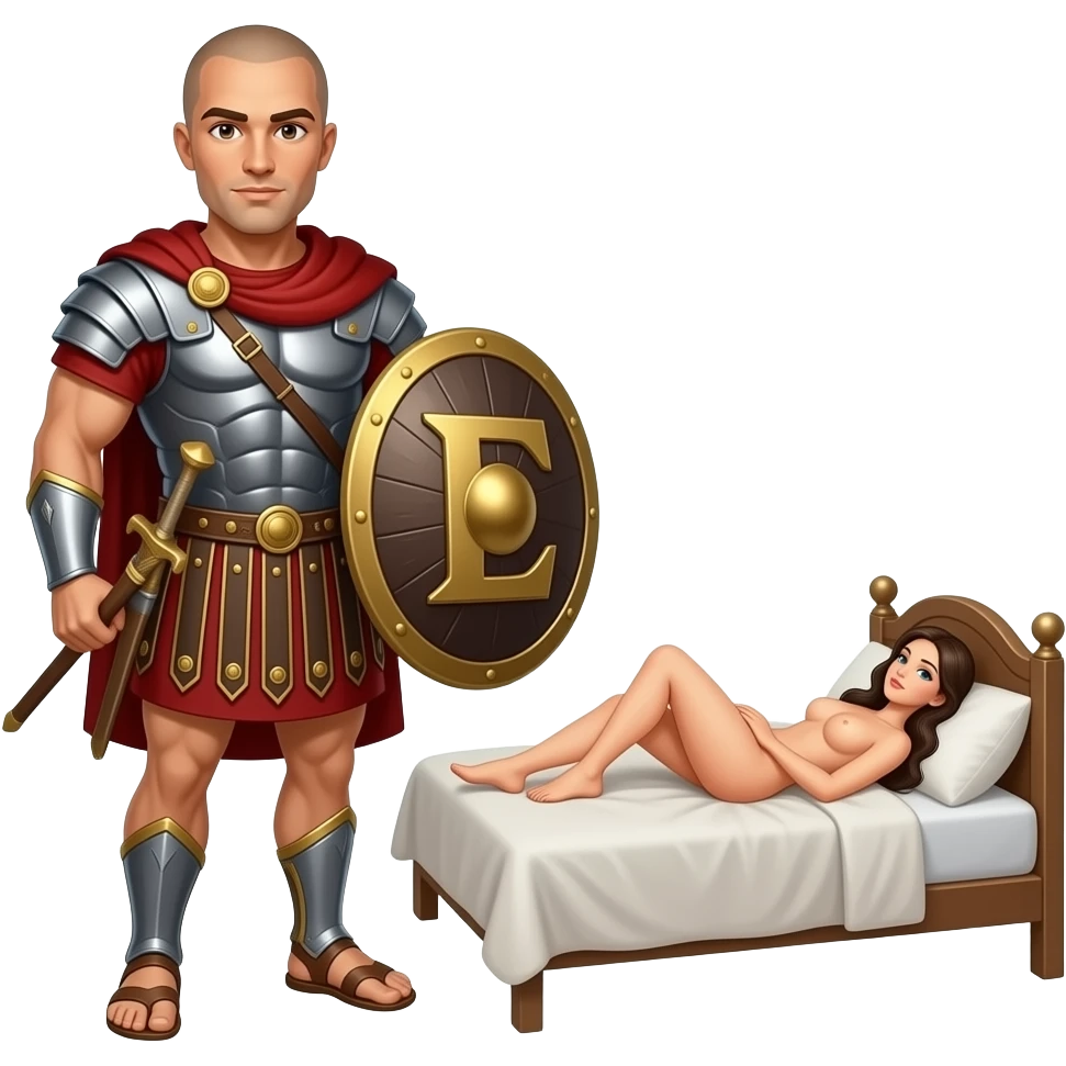Muscular Roman soldier bald with brown eyes the Letter E on the shield with empress in bed facing away nude emoji