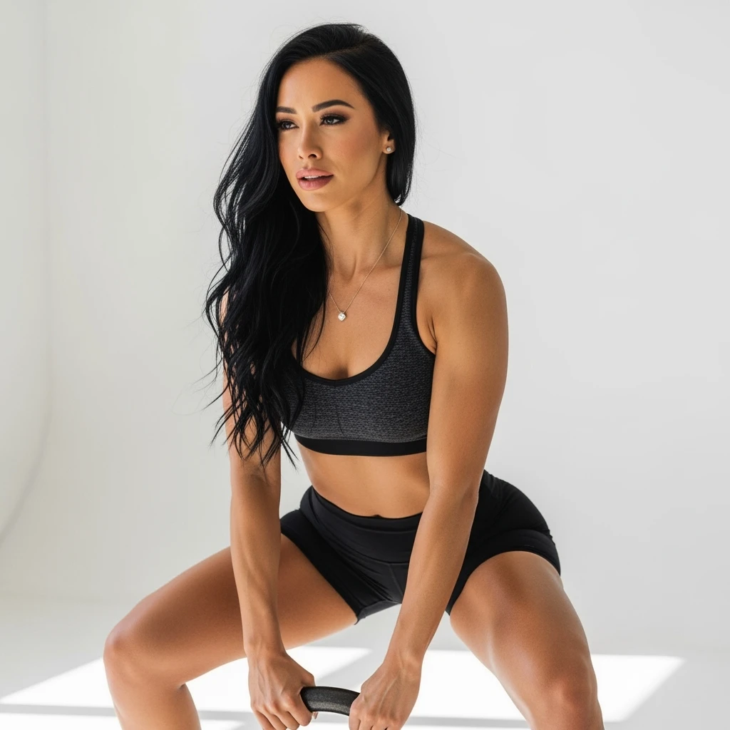 DONNA FITNESS CHE FA SQUAT CON KETTLEBELL ED ESPRESSIONE TRISTE, ISOLATA SU SFONDO BIANCO emoji