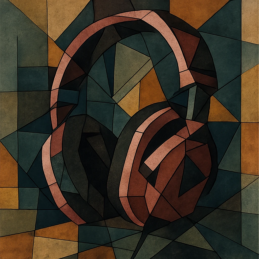 pink gothic headphones with fragmented shapes and dark accents in cubist abstraction style emoji