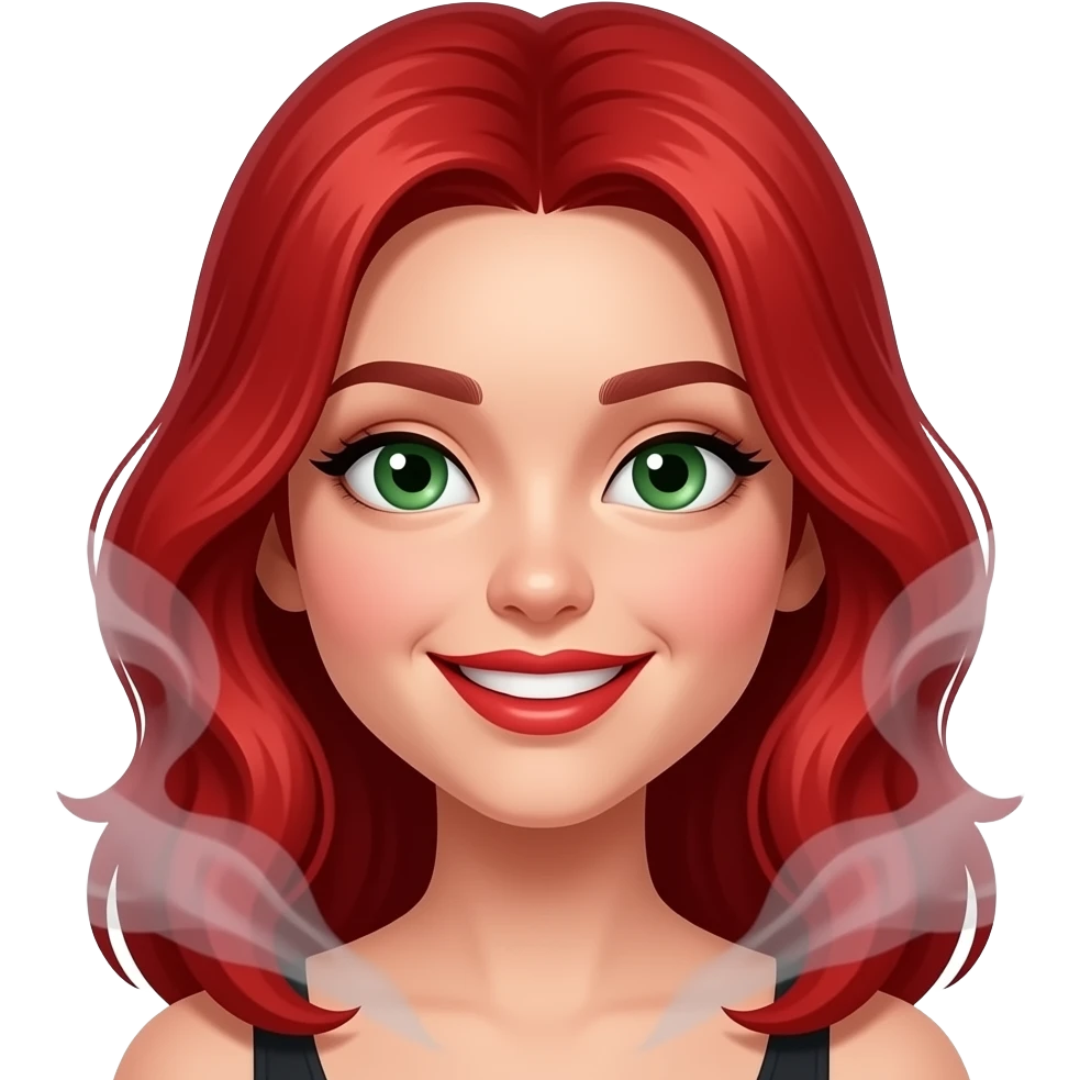 Ruby red  haired girl. With smoke. Green eyes. Smiley and flirty. No bangs. Red lips emoji