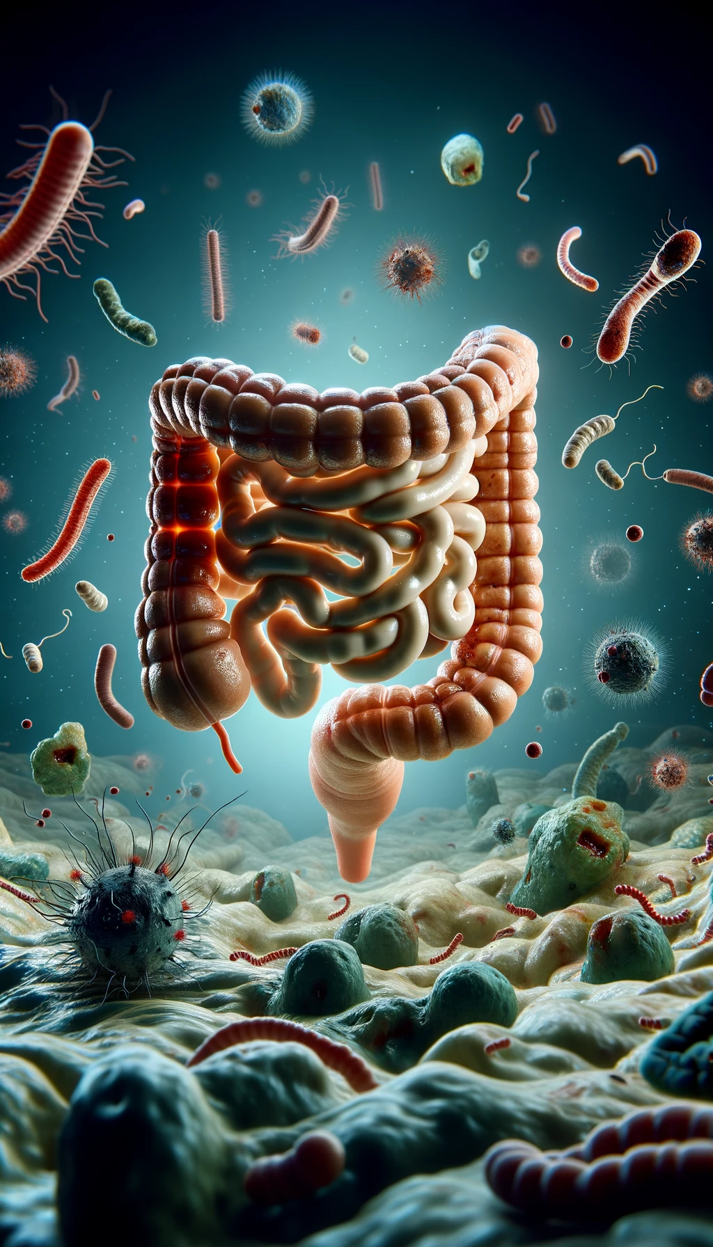 INTESTINO UMANO ANATOMICO REALISTICO CIRCONDATO DA PARASSITI E BATTERI INTESTINALI, IPERREALISTICO 4K emoji