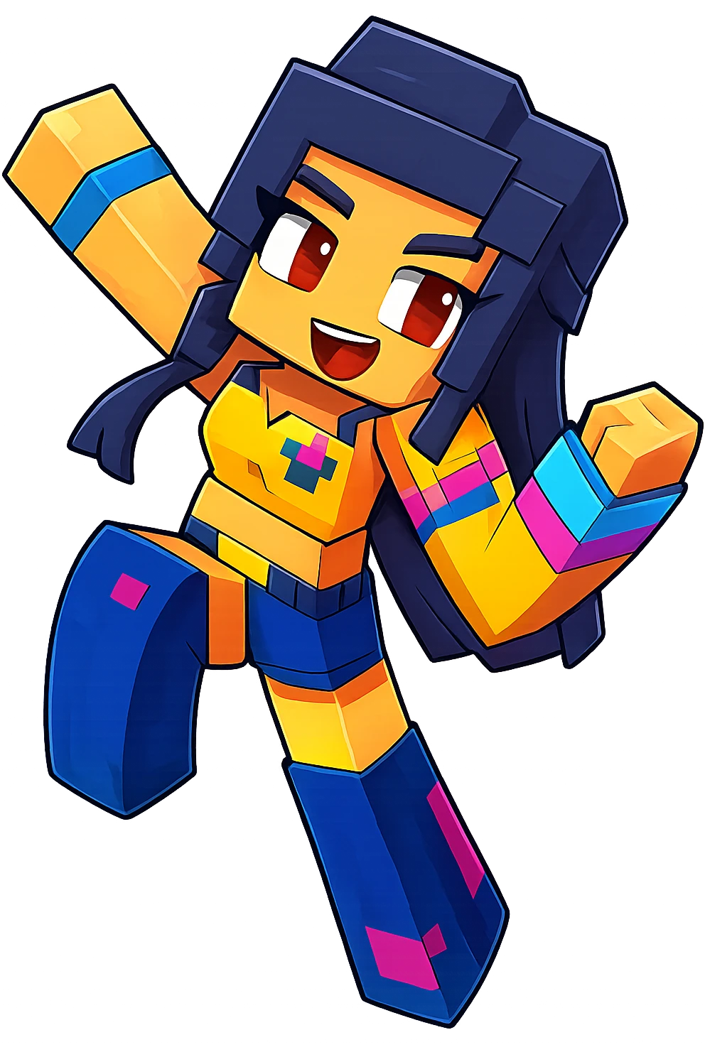 Extract only the middle character with dark hair and yellow and blue outfit from the image, keeping the original Minecraft cartoon style and appearance, with a transparent background. emoji
