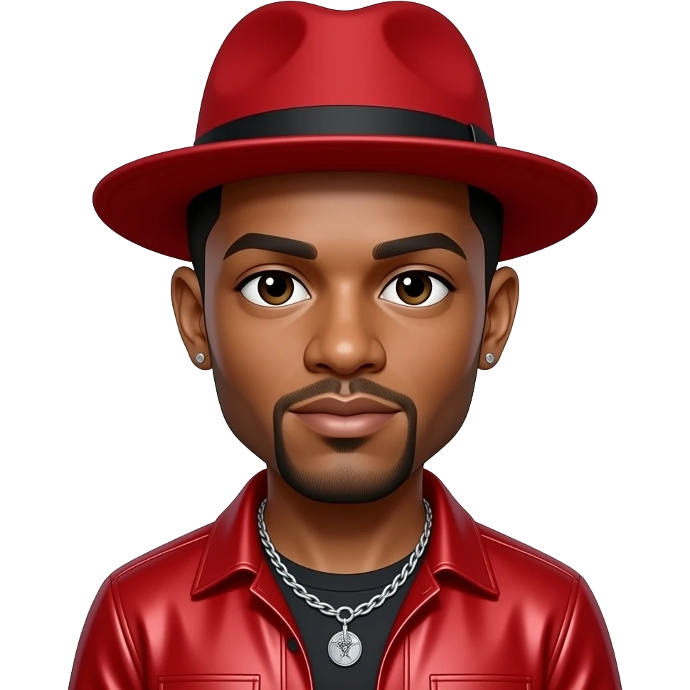 Bobby Brown with dark brown eyes, black hair, red hat, red metallic shirt, silver necklace and short earrings emoji