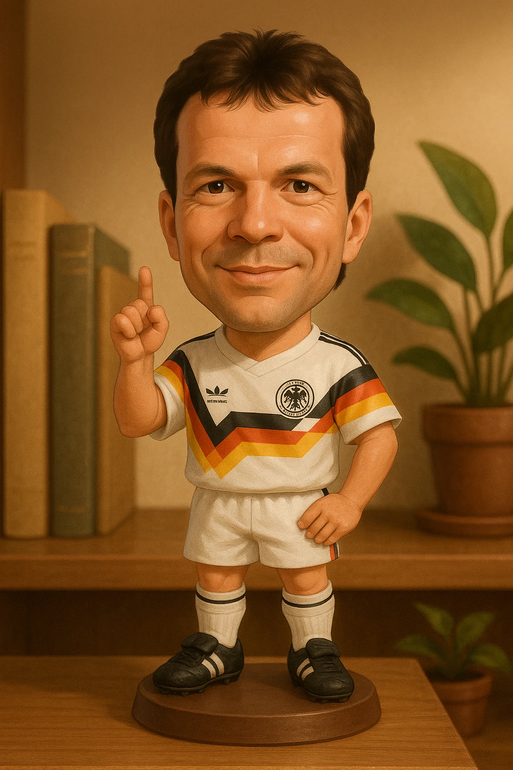 Молодой Лотар Маттеус в форме сборной Германии 1990 смотрит на прямо на зрителя и слегка улыбается, освещение с левой верхней стороны кадра emoji