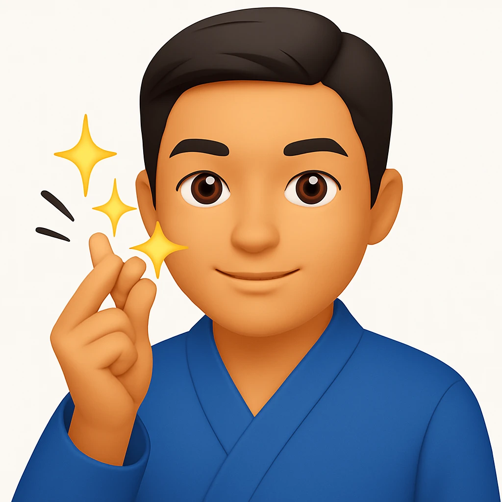 Change the man's jacket to a blue color, keep the dynamic finger snap motion and emoji style emoji