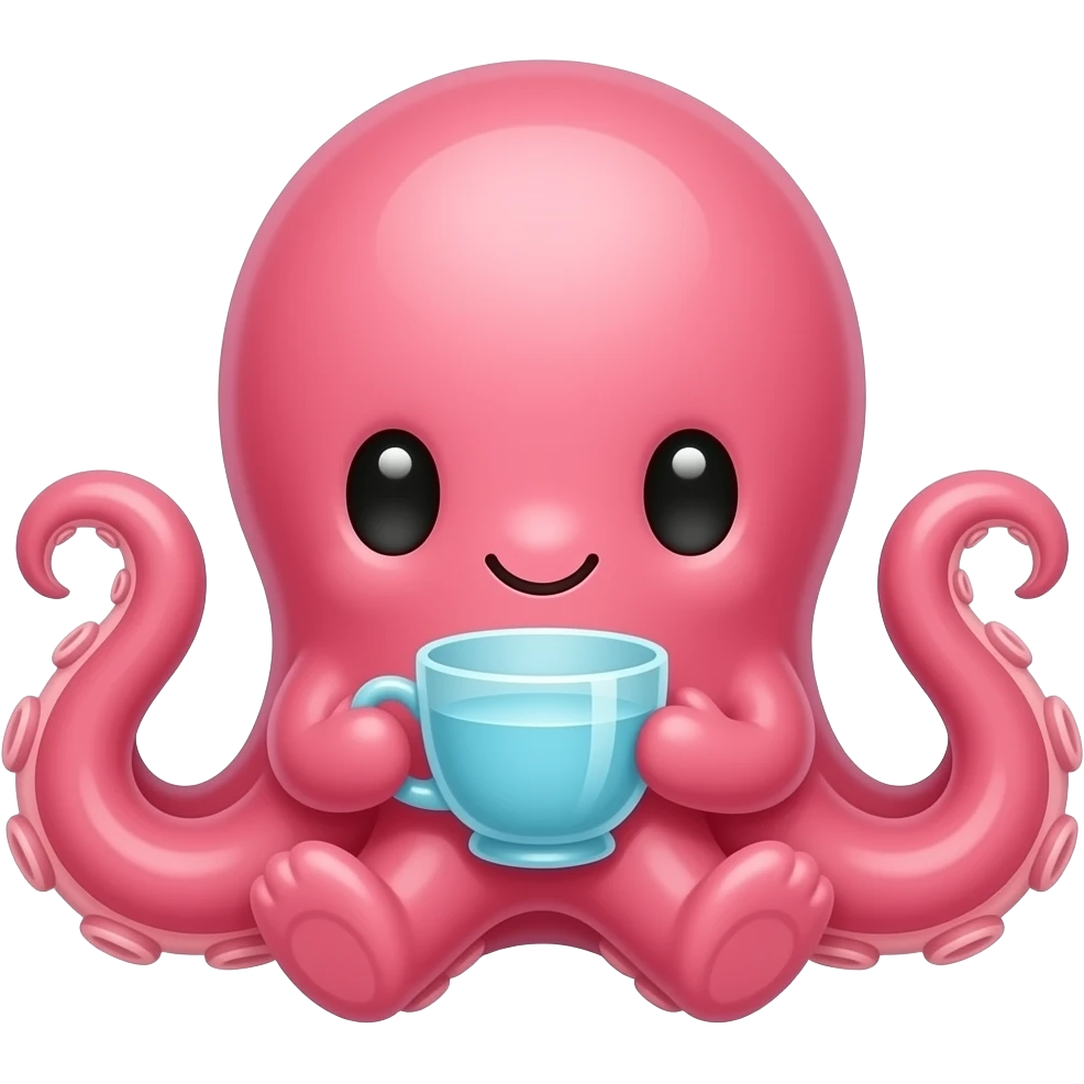 Cute octopus sitting low, holding a glass teacup, front-facing whimsical pose emoji