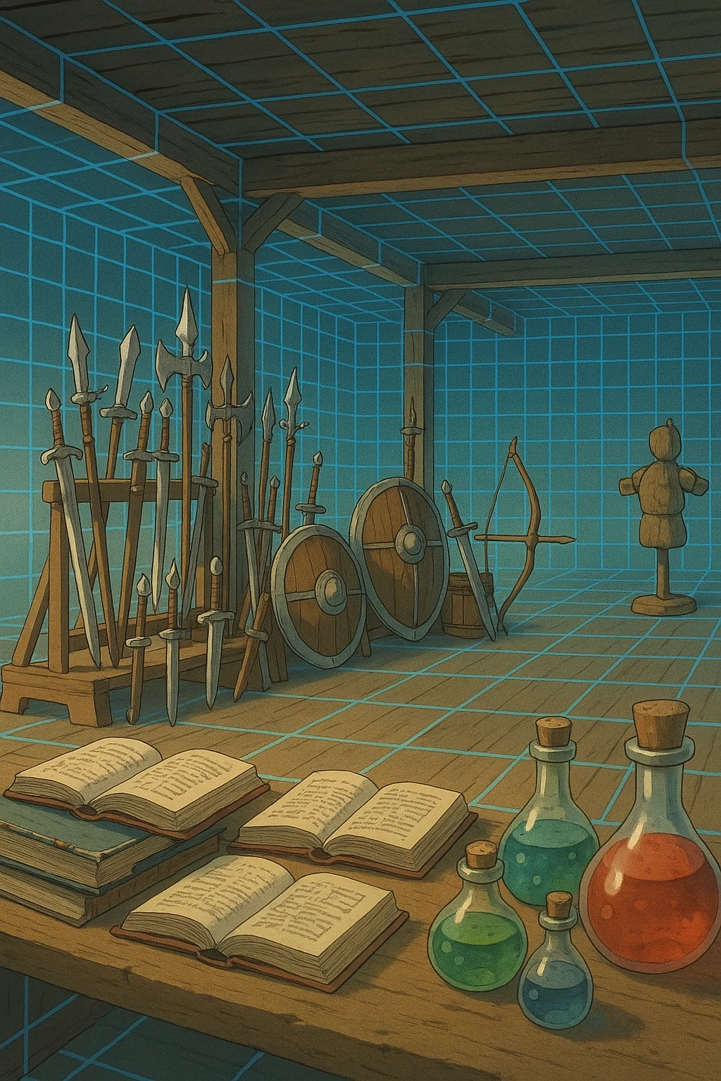 A virtual simulated training environment for combat drills, configured with swords, daggers, axes, maces, halberds, bow and arrows, and shields, as well as spell books and potions  emoji