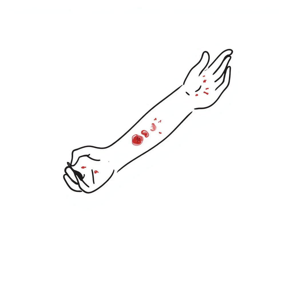 Detailed drawing of arm showing allergy skin prick test on forearm with small red welts, hand with all 5 fingers visible emoji