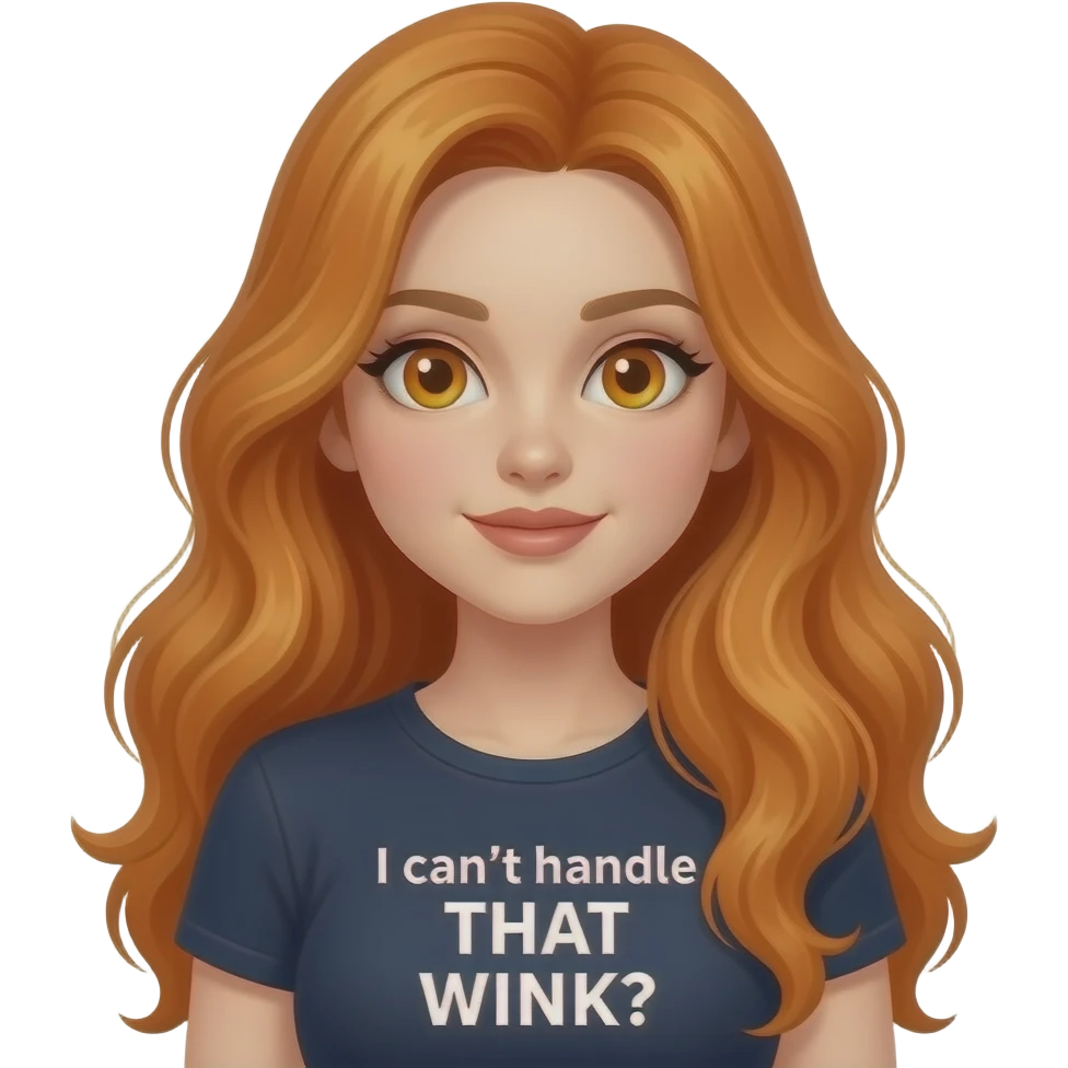 sexy girl with overlong ginger hair and ginger eyes a top with I can't handle THAT WINK written on it emoji