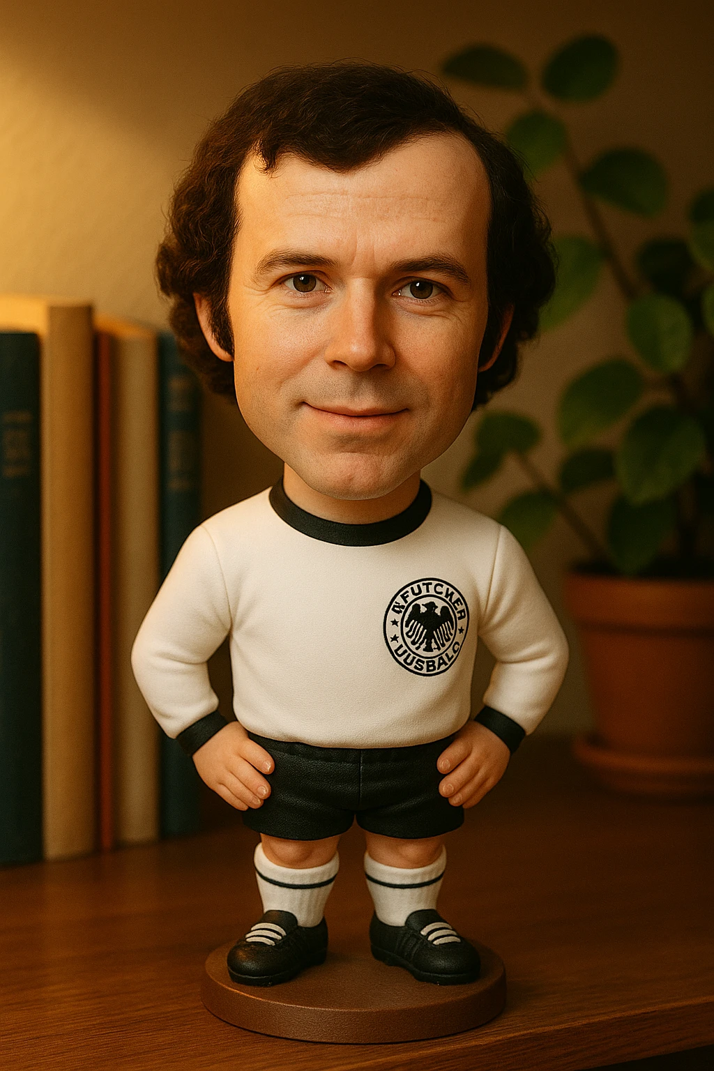 Молодой Франц Беккенбауэр в форме сборной Германии 1972 смотрит на прямо на зрителя и слегка улыбается, освещение с левой верхней стороны кадра emoji