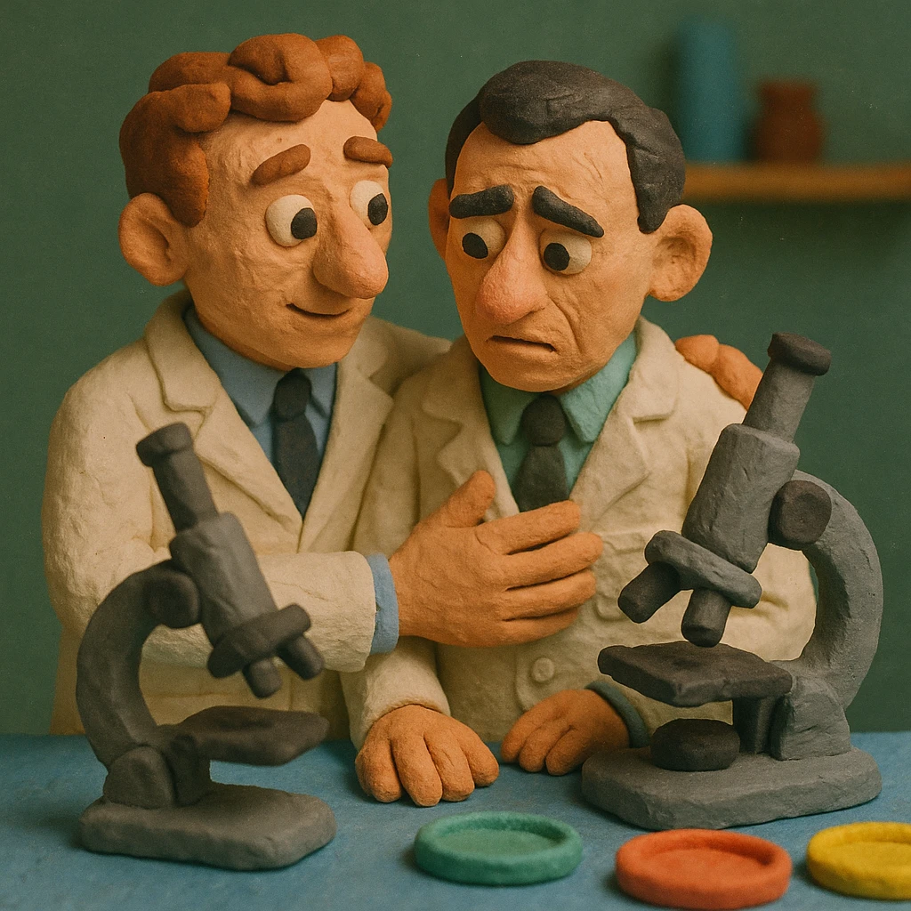 Two caring 1940s male scientists wearing white lab coats over a suite in their science laboratory full of microscopes and petri dishes. emoji