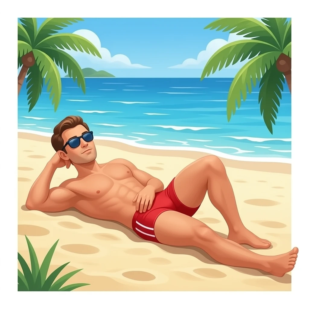 Erstelle ein Bild von einem Strand, mit im Bild ist ein Mann zusehen der sich im liegen sonnt, er trägt rote enge speedo und Oberkörper frei und trägt eine Sonnenbrille emoji