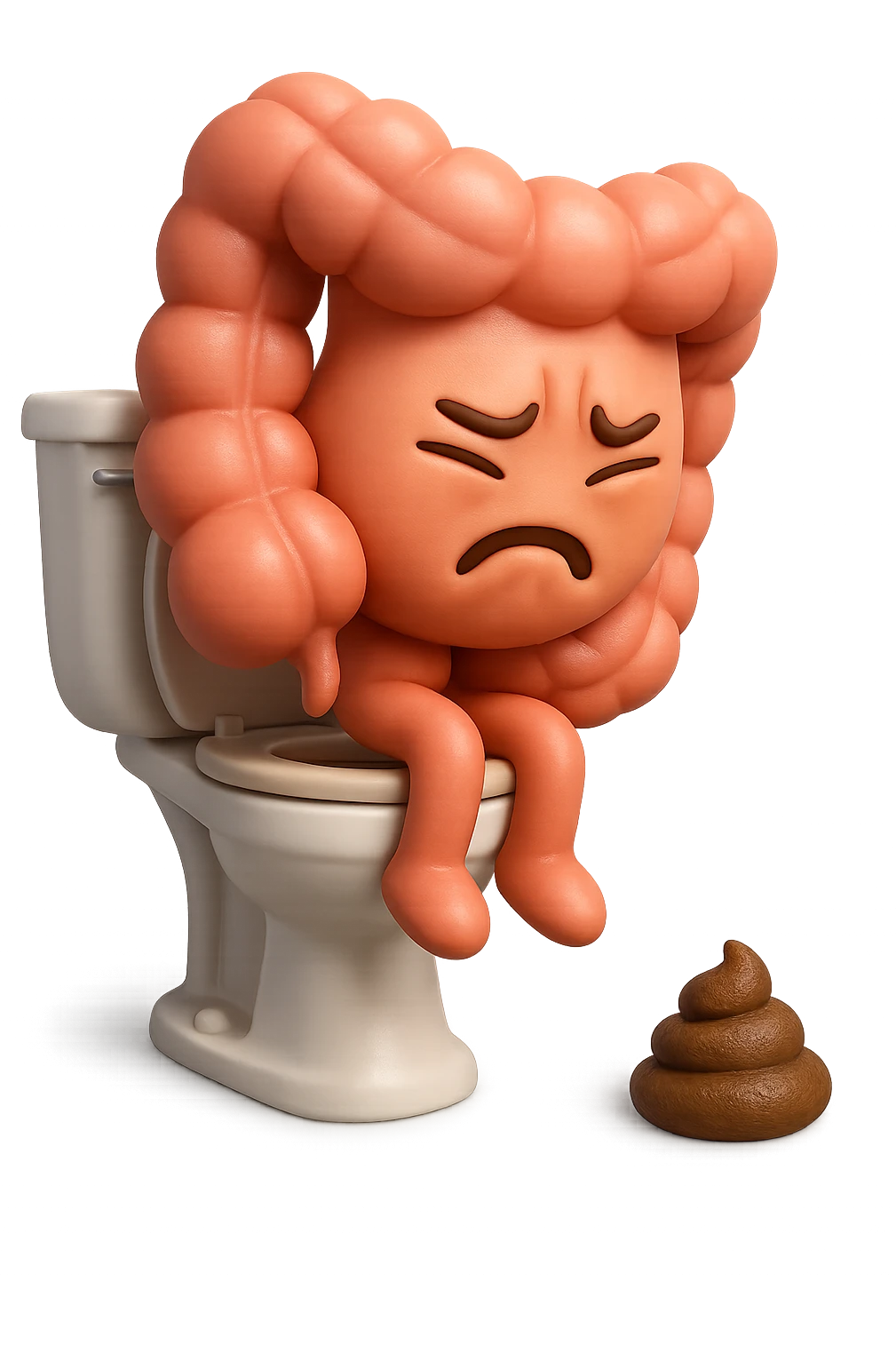 SU QUESTO STILE FAI UN EMOJI STILE IPHONE 3D DI UN INTESTINO CHE sta seduto sul wc e davanti ha una montagnetta di feci a palline stile emoji iphone, FAGLI UN ESPRESSIONE di dolore mentre si sforza E FALLO MOLTO REALISTICO IN 3D emoji