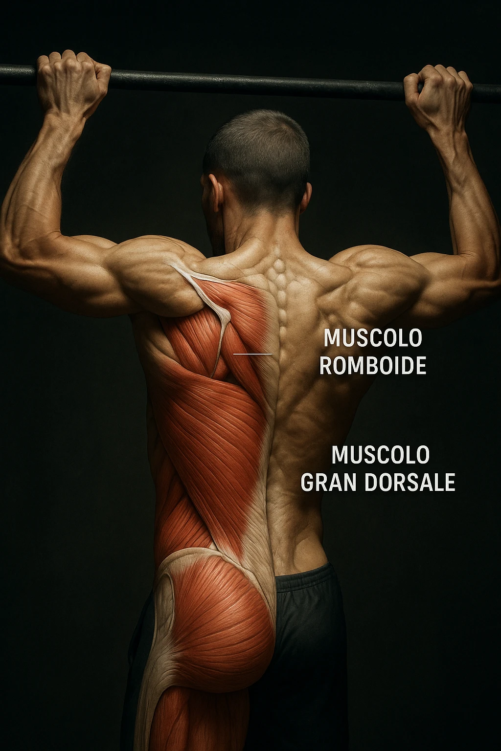 realistic and cinematic anatomical image of a man performing pull-up on a bar, scapular and dorsal muscles incorrectly activated anatomically highlighted, Italian captions, dramatic clinical lighting, aspect ratio 2:3 emoji