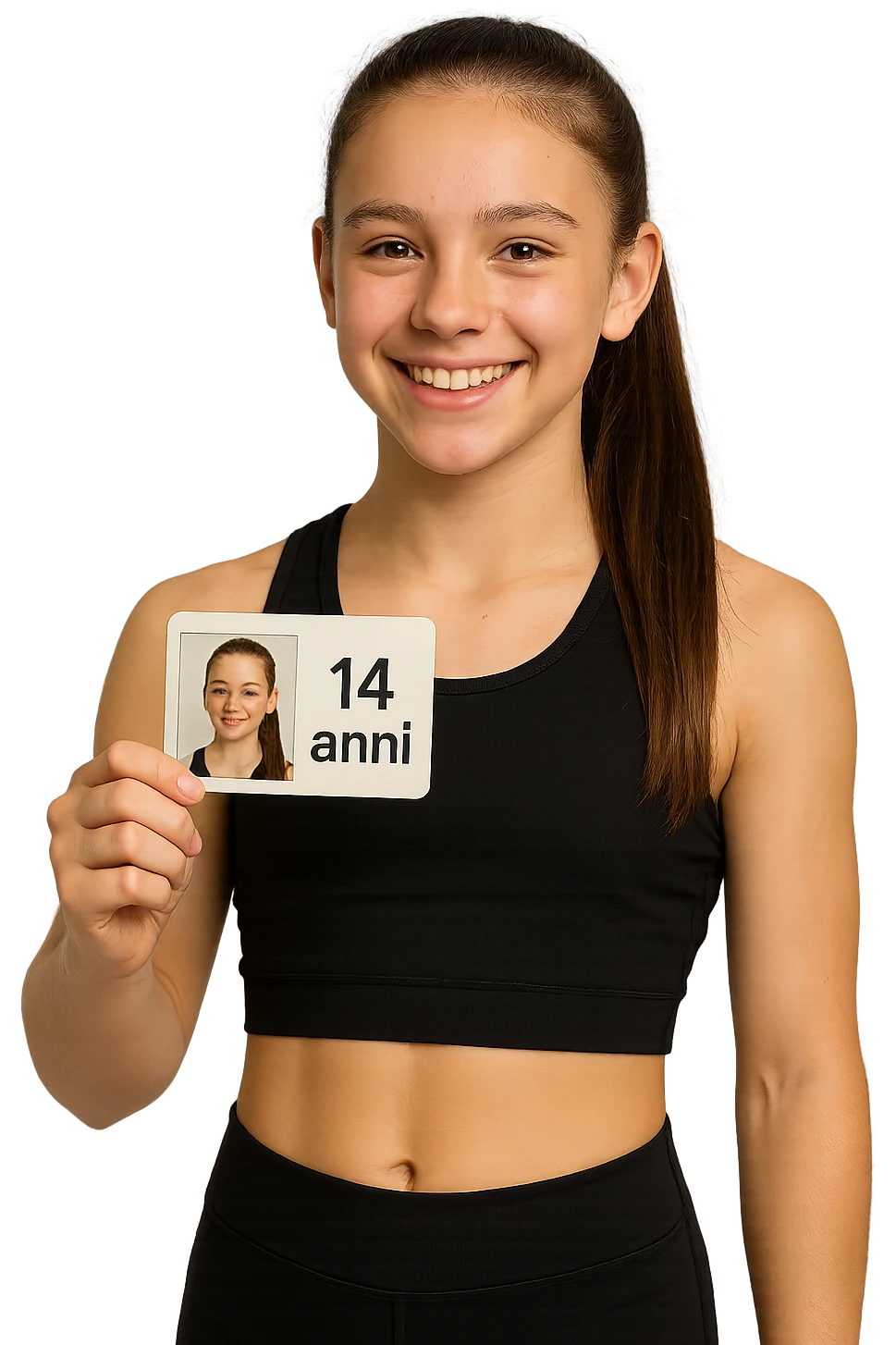 donna fitness di 14 anni, con in mano un documento di identità con la sua foto e la scritta 14 anni emoji