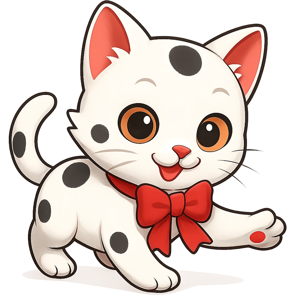 Make the kitty in a playful pose, keep it small, white with small black spots and a red bow, with no background. The style should be suitable for a small, cute cat illustration with no background. emoji