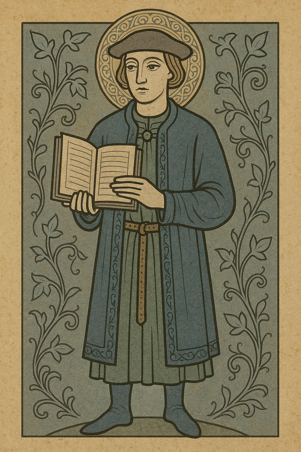 Tudor man in merchant attire holding a ledger, historical style, detailed medieval art emoji
